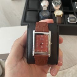 Seiko Tank Style Watch Red Textured Dial And Red Leather Strap
