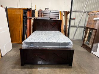 Queen Dark Wood Bed Frame with Mattress