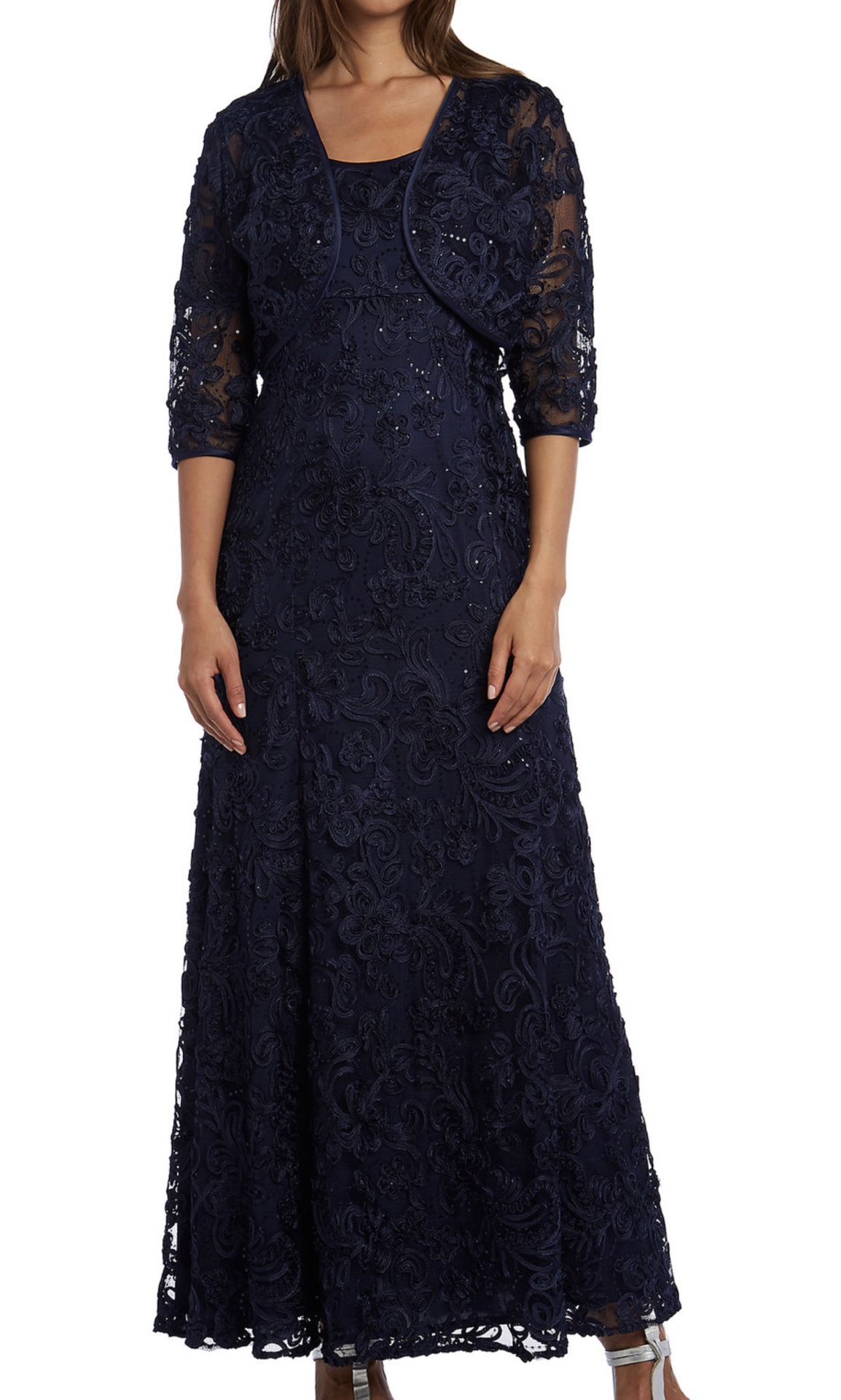 Description: Elegant floral embroidery decorates this set by RM Richards, featuring a gorgeous full length dress paired with a matching jacket with s Women's clothing