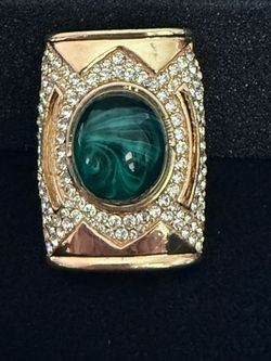 Vintage Ciner Signed Scarf Clip Slide Gold Tone Emerald Green Cabochon Rhinestone