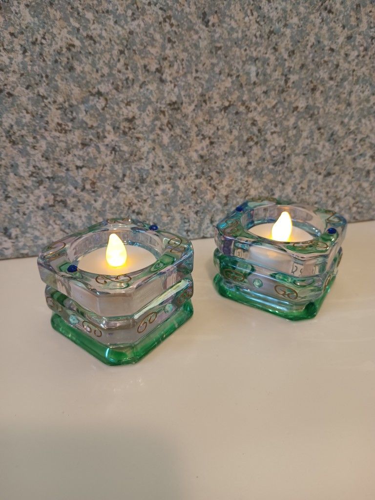 Partylite Two 90s Mardi Gras Multi Colored Tea Light Glass Candle Holders