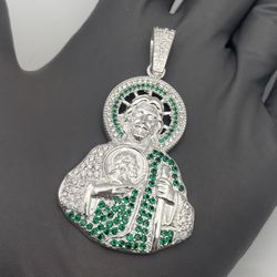 Solid 925 Sterling Silver San Judas St Jude Pendant Clear & Green CZ