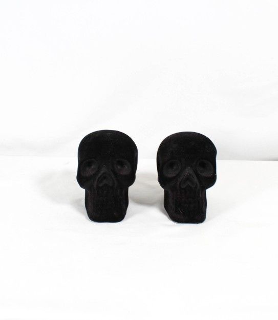 Gothic Home Decor Black Flocked Skull Set of 2 New Unused Edgy Halloween Accent