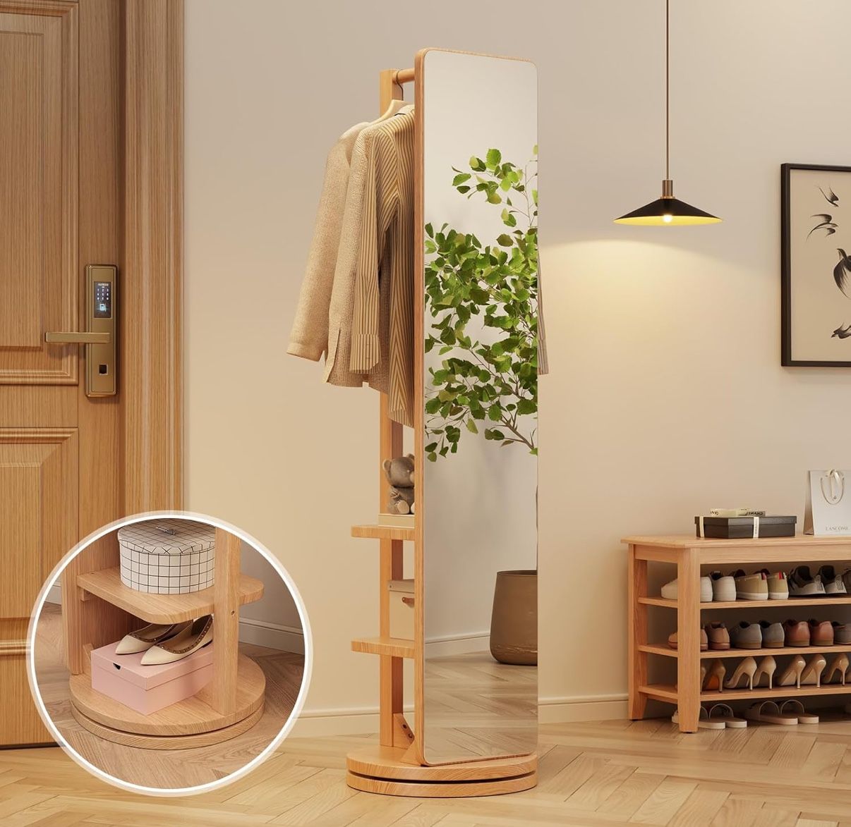 Full Length Mirror Coat Rack Solid Wood Floor Mirror 66"x12" Full Length Mirror with Stand Long Mirrors for Bedroom,Living Room