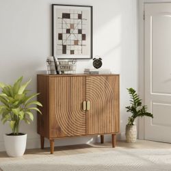 Homy Casa Ghent 31.3” Walnut Buffet Storage Cabinet with 2 Doors in Carved Line Design