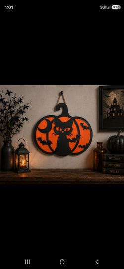 Halloween Pumpkin Black Cat Wall Hanging Sign