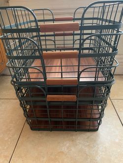 Metal Wire Storage Baskets with Wood Bottom – Set of 3