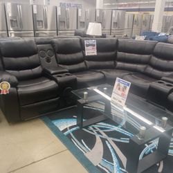 Jovi Power Led Speaker Sectional Set With Led Light Bar, Console With Bluetooth Speakers , Sub Woofer and Power Reclining.