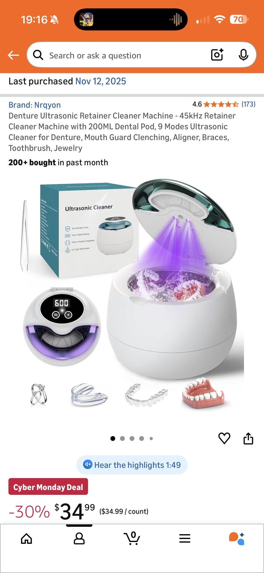Denture Ultrasonic Retainer Cleaner Machine - 45kHz Retainer Cleaner Machine with 200ML Dental Pod, 9 Modes Ultrasonic Cleaner for Denture, Mouth Guar