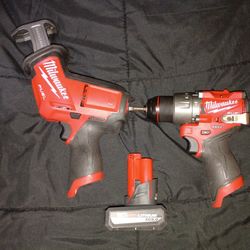 (new never used) Milwaukee fuel M12 hackzall and hammer drill. Plus 1 large battery