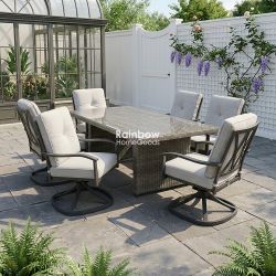 7pc Outdoor Patio Furniture Dining Table Set With Sunbrella Swivel Chairs