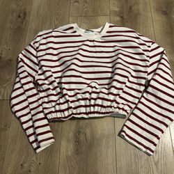 Zara Striped White Red Long Sleeve Crop Pullover T-shirt Tee Sweater Top M