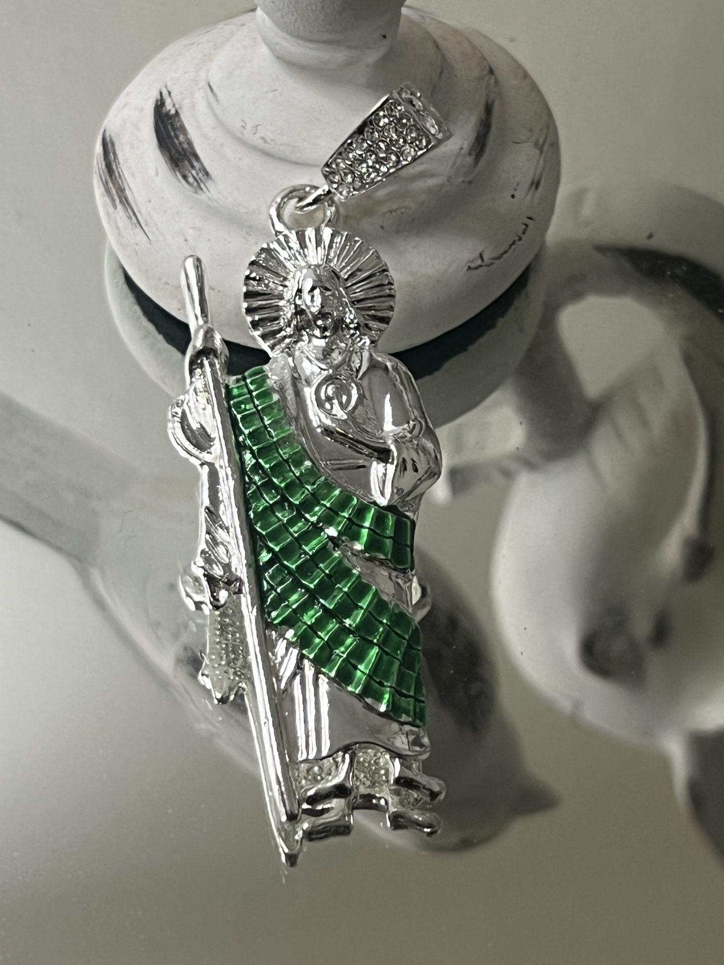 Saint Jude With Green Robe Silver Plated Pendant Size Medium 3”