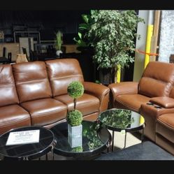 2 PC Leather Carmel Power Sofa And Loveseat (New)
