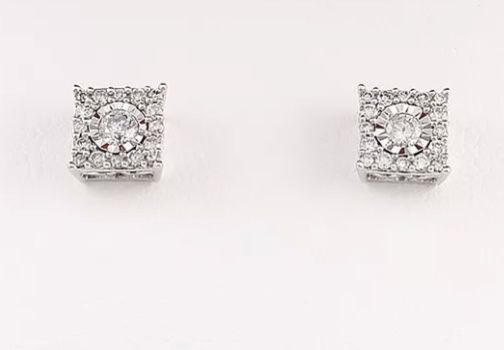 New 14k White Gold Square Diamond Earrings 
