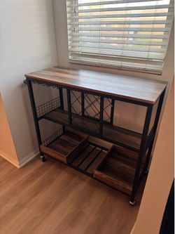 Industrial Rolling Bar Cart / Coffee Station - Rustic Wood & Metal