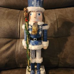 Holiday Home Wooden Blue White Guard Nutcracker Bird 14" Holly Pinecone Snow
