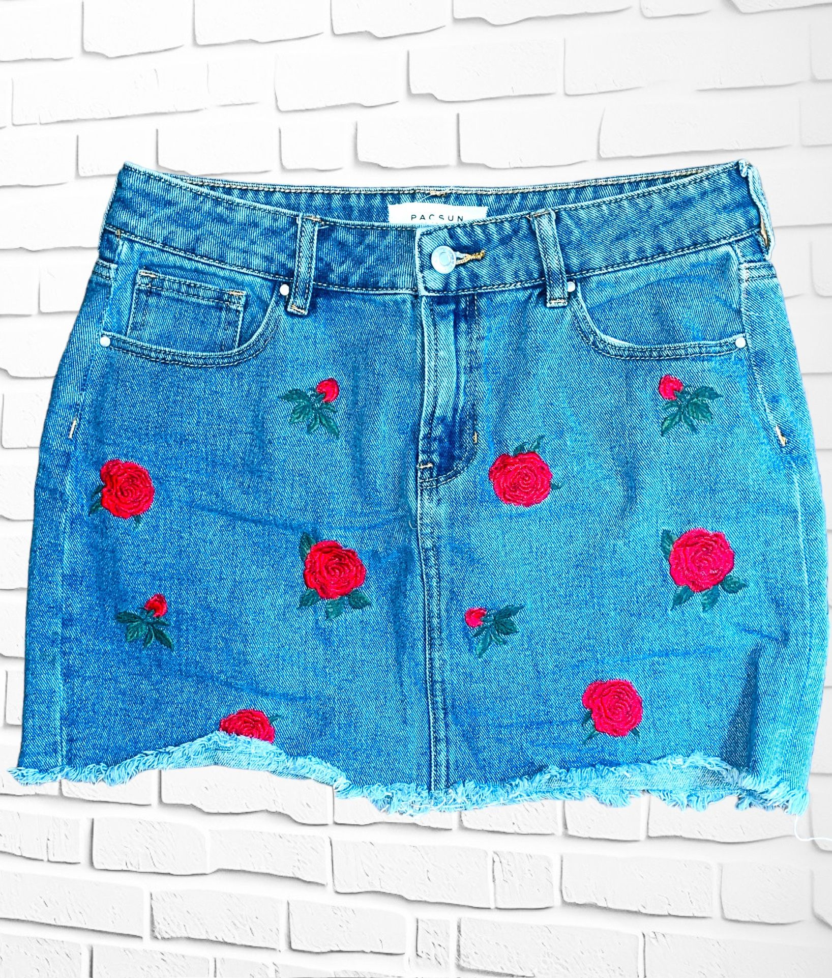 Pacsun Women’s Size 28 Embroidered Medium Wash Denim Mini Skirt • Raw Edge Hem