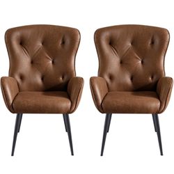BFZ Suede Leather Accent Chair Set of 2 with High Back Design, Armchair with Metal Legs in Modern Style, Comfy Upholstered Wingback Chair for Living R