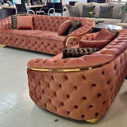 LUPINO ORANGE VELVET SOFA & LOVESEAT