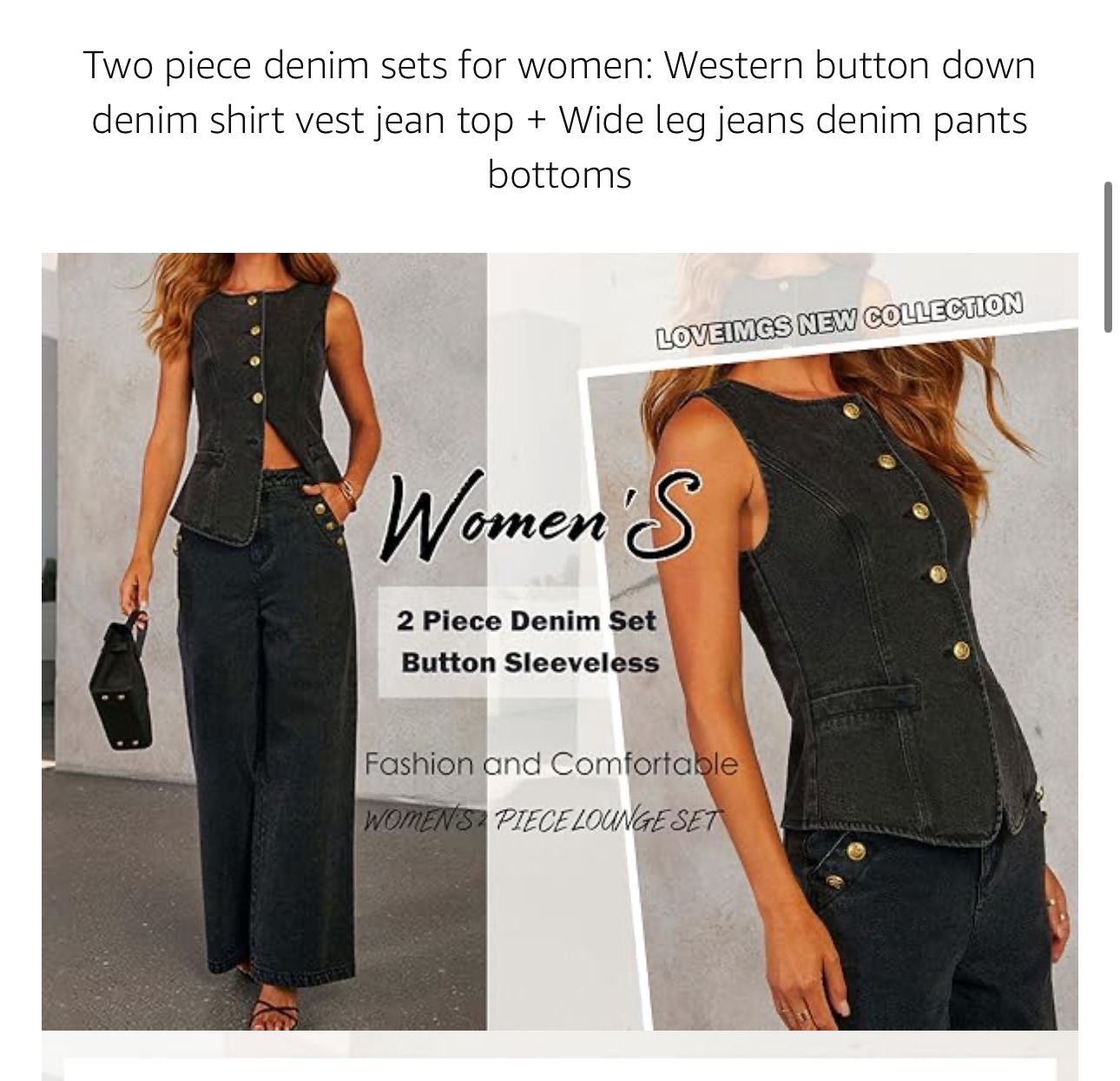 Black 2 Piece Denim Set Button Sleeveless Jean Vest Denim Top Y2k Shirt Wide Leg Jeans Palazzo Pants Outfits