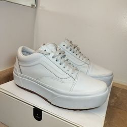 Vans Old Skool Stackform White Leather Platform Shoes - Women's 8 / Men's 6.5