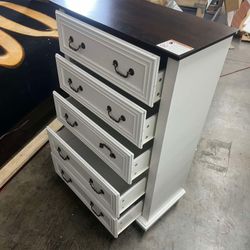 WLIVE Farmhouse Dresser for Bedroom, Wood Dresser with 5 Drawer, Chest of Drawers with Roman Metal Handle for Living Room, White