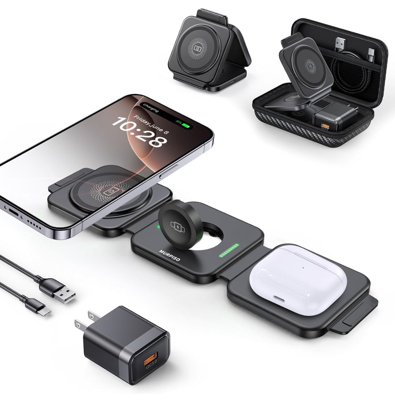 3 in 1 Charging Station for Apple, Foldable Travel Wireless Charger for iPhone 17 16 15 14 13 12 Pro Max Plus, Magnetic Wireless Charging Pad for AirP