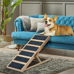 "Wooden Pet Ramp, Pefilos 16"" to 24"" Height Adjustable Pet Ramp with Non Slip Rubber Surface, Wood Folding Dog Ramp for Small, Medium Dogs Up, Beige