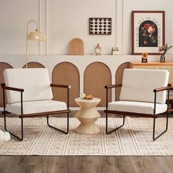 29in Boucle Fabric Accent Chair for Living Room, Modern Living Room Chair for Bedroom, Upholstered Reading Armchair Set of 2, with Metal and Wooden Ar