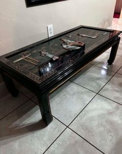 Mid Century Modern Black Lacquer Chinoiserie Coffee Table 48”Lx22”Wx16”H