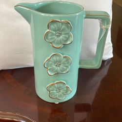Turquoise Blue Floral Flower Pitcher 8 inches