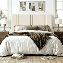 Full Size Bed Frame, Platform Bed with Upholstered Velvet Adjustable Headboard, Wooden Slats, Easy Assembly, Cream