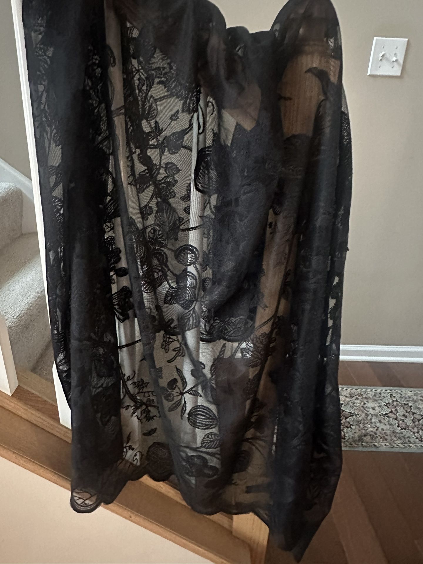 Black Mest Net Embroidered Fabric Tablecloth, Throw. Scalloped + Tassels 54 X 54