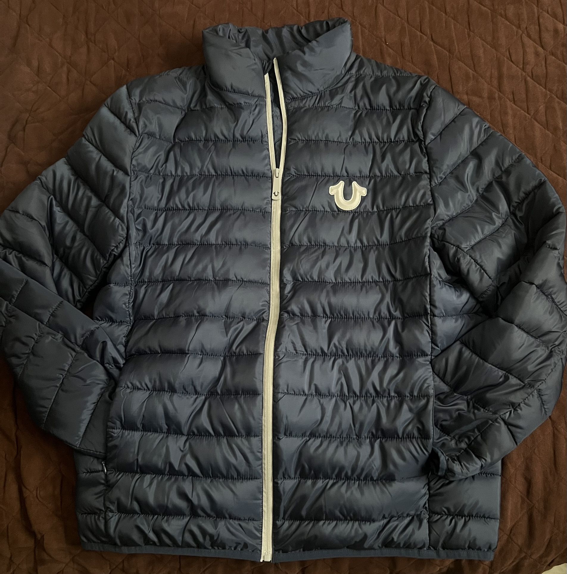 True Religion Jet Black Vertical Quilt Shell Jacket Logo Coat Men's Size M