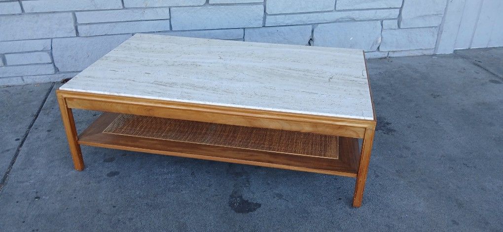 AMAZING !!Mid Century Modern 1950s 1960s Travertine Top Large Coffee Table Walnut With Rush Rattan Bottom Shelf