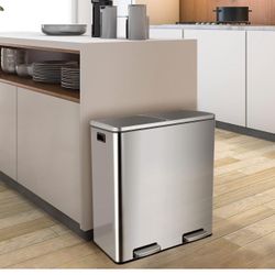 60L(16 Gal) Dual Trash Can, Stainless Steel Kitchen Garbage Can, Double Compartment Classified Rubbish Bin, Recycle Dustbin w/Plastic inner 