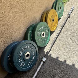Bumper weights 2x45, 2x35, 2x25 and 2x10 lbs with 7 ft 45 lb barbell $220 firm