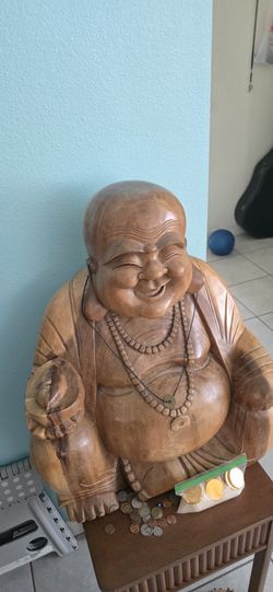 Large Hand Carved Wooden Laughing Buddha Statue