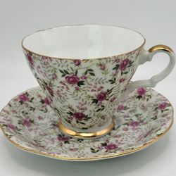 Vintage Lefton China Pink Rose Chintz Gold Band Teacup & Saucer 2119