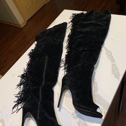 Black Suede Fringe Thigh High Boots Size 10