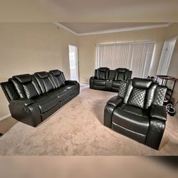 3 Pieces Black Breathing Leather Recliner Sofa Set
