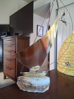 MCM De Mott Sailboat & Seagull Sculpture Brass & Onyx