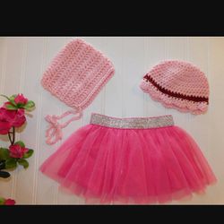 NEW Handmade Crochet Baby Girls Pink Bonnet Cap Set & Tutu Skirt 0-3M


