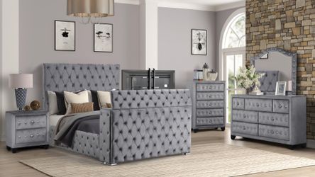 New in box Encore model gray velvet built in TV footboard queen size 5pc bedroom set special
