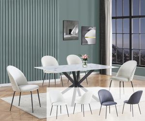 New Modern Faux Marble Top Dining Set With Modern Quilted Back Chairs 