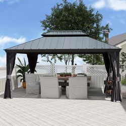 10'x14' Hardtop Gazebo with Resin Roof, Outdoor Metal Gazebo with Drainage Gutters, Permanent Heavy Duty Pavilion for Patio, Backyard and Deck, Curtai