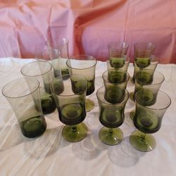 14 Vintage Arabesque Moss Green Crystal Glasses by Denby