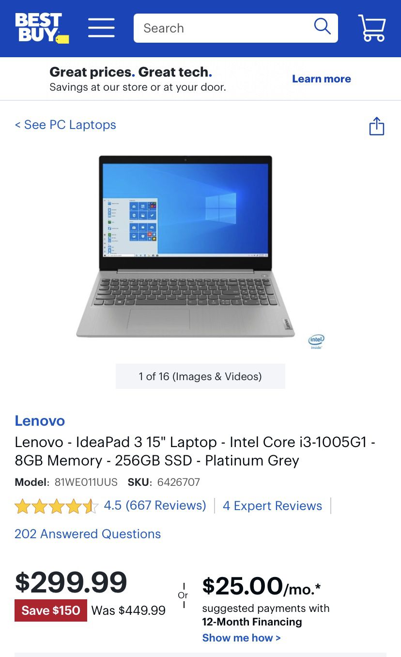 Selling Lenovo - IdeaPad 3 15" Laptop - Intel Core i3-1005G1 - 8GB Memory - 256GB SSD - Platinum Grey