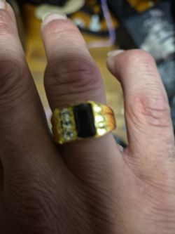 Gold-Tone Ring with Black Stone and Accents